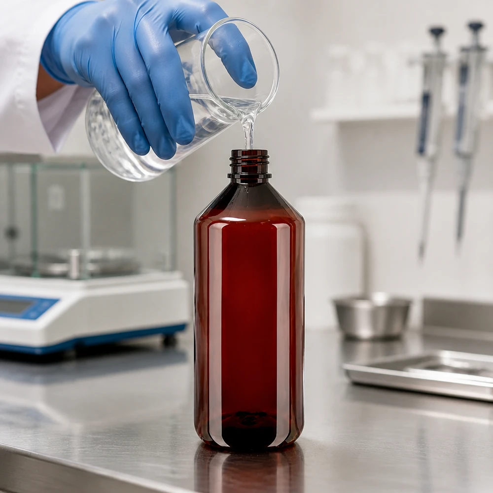 Laborant plní hnědou PET láhev o objemu 1000 ml čirou kapalinou z kádinky, přičemž má nasazenou modrou rukavici