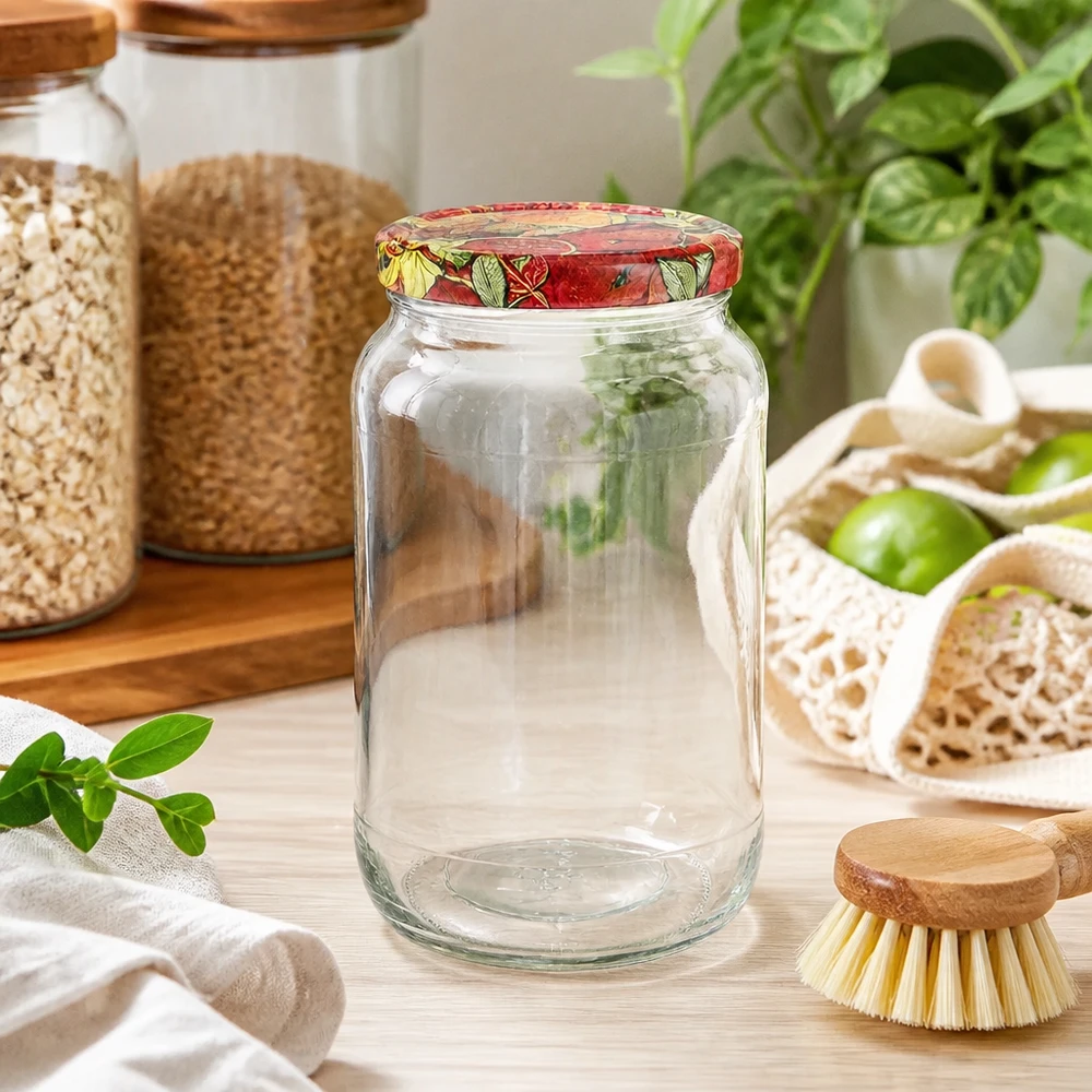 1062ml kulatá sklenice + víčko BasicSeal s dekorem ovoce UNiTWIST 1062ml Rundglas BasicSeal Deckel Obst-Dekor Küche nachhaltig Zero Waste Aufbewahrung Getreide Gemüse Holzbürste