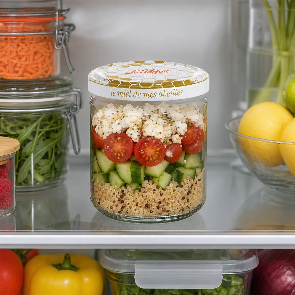 212ml Vorratsglas "Honey" mit Schraubdeckel Le Parfait® Le Parfait Honey Vorratsglas 212ml mit Schichtsalat aus Quinoa Gurken Tomaten und Feta im Kühlschrank