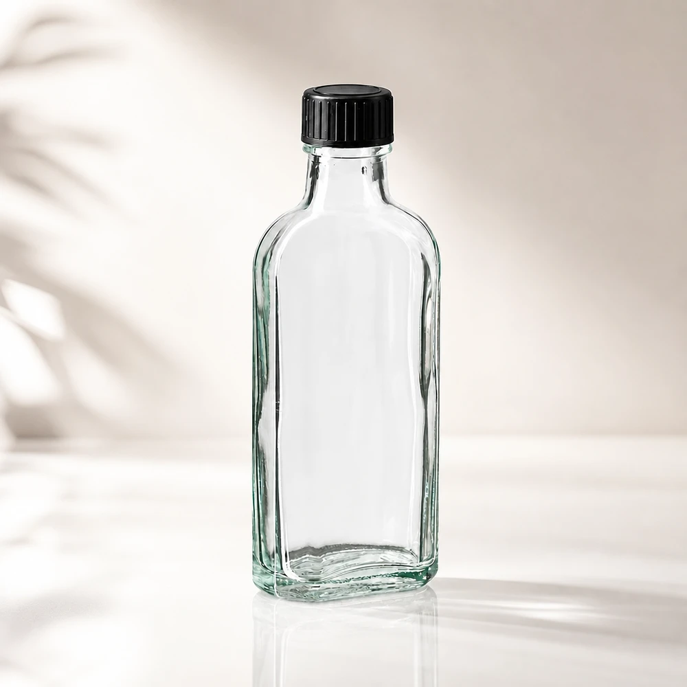 100 ml čirý šroubovací uzávěr Meplat s těsnicím diskem EPE Kleine 100ml Glasflasche im Meplat Design klar ideal für Öle Essenzen und Kosmetikprodukte
