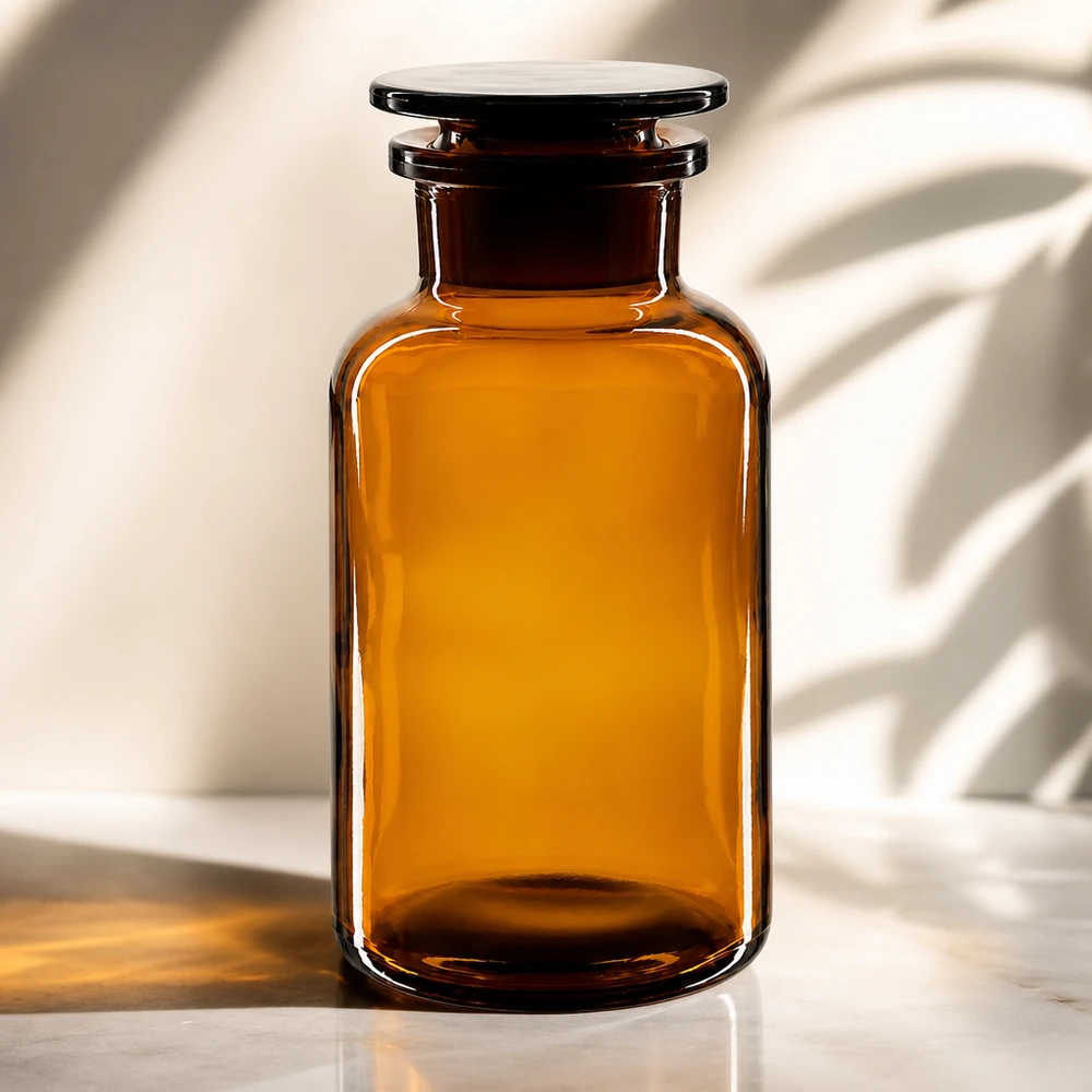 Láhev s kulatým ramenem 500ml hnědá skleněná zátka se širokým hrdlem. 500ml Braunglasflasche mit Weithals Rundschulterdesign und aufgesetztem Glasstopfen
