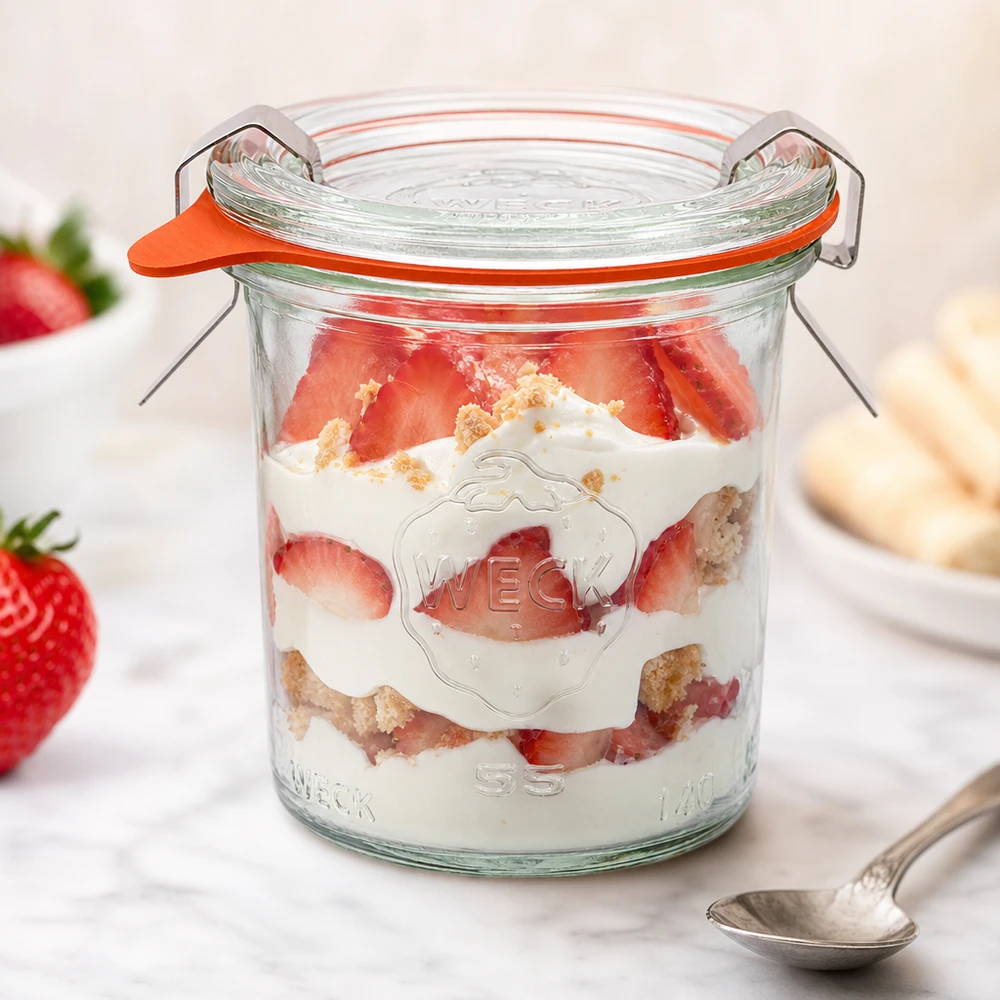 Kompletní 140ml sklenice se svěžestí WECK RR60 WECK Sturzglas 140ml RR60 mit Erdbeer-Sahne-Dessert gefüllt als Portionsglas mit frischen Erdbeeren und Kekskrümeln