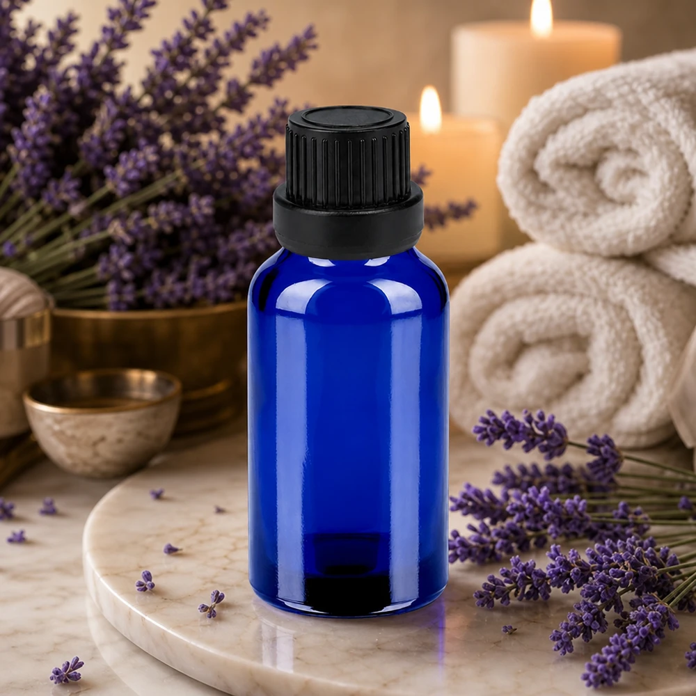 20ml lahvička 11mm šroubovací uzávěr černý s tamperem BlueLine UT18/20 Elegante kobaltblaue 20ml Flasche mit mattem schwarzen Verschluss für Aromatherapie