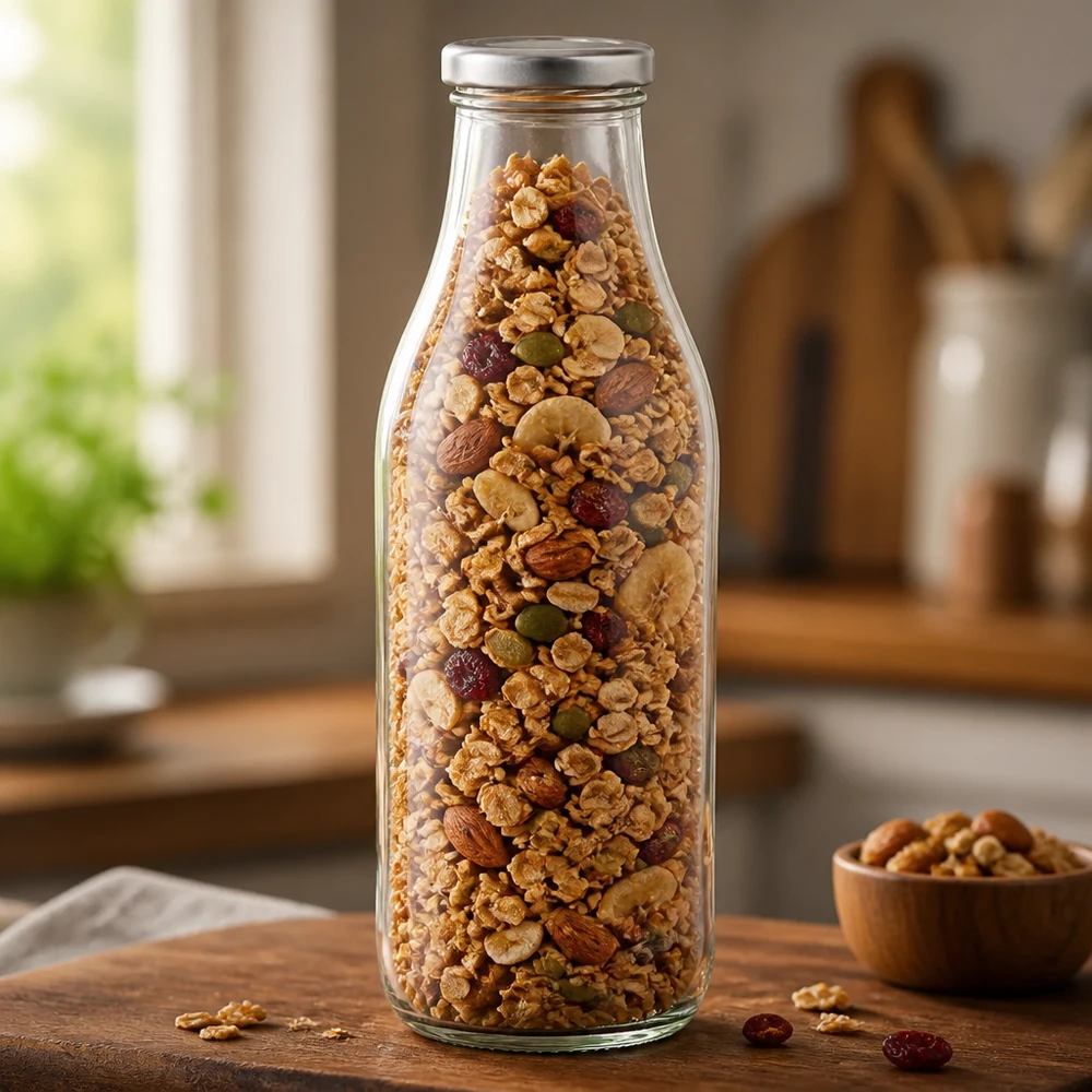 1000ml Glasflasche BasicSeal silber gefüllt mit Müsli Nüssen und Trockenfrüchten Vorratshaltung in Küche