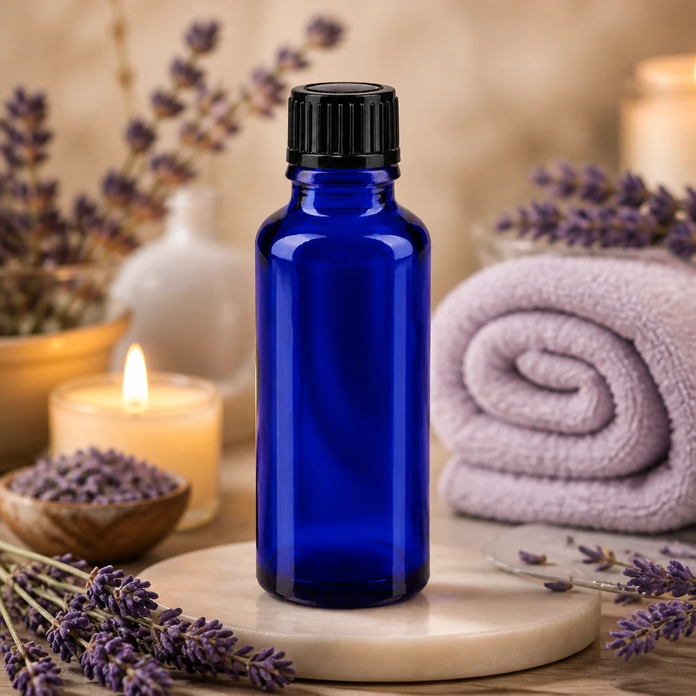 Lékárenská láhev modrá 30ml kapací uzávěr 1mm černý standardní Apothekerflasche 30ml Blauglas mit 1mm Tropföffnung und schwarzem Standardverschluss