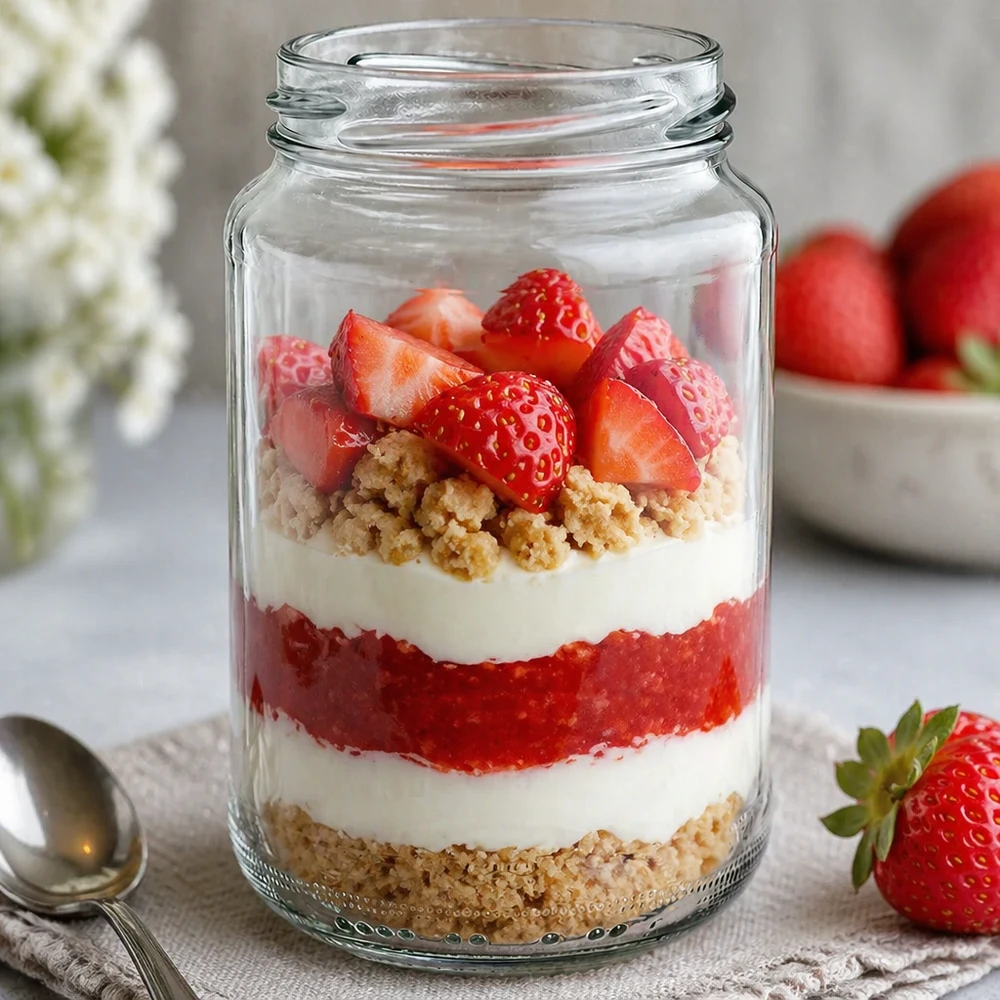 Kulatá sklenice o objemu 375 ml bez víčka (TO63) UNiTWIST UNiTWIST Runda375 Rundglas 375ml als Dessertglas mit Schichtdessert Erdbeeren Sahne und Streuseln dekorativ serviert