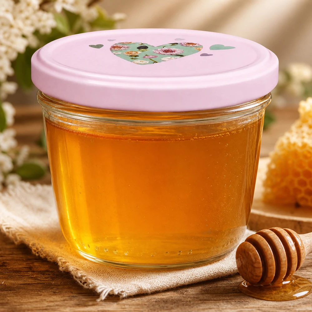 Sturzglas 230ml rosa BasicSeal Deckel mit Honig gefüllt neben Honiglöffel auf Juteuntersetzer Naturprodukte Aufbewahrung