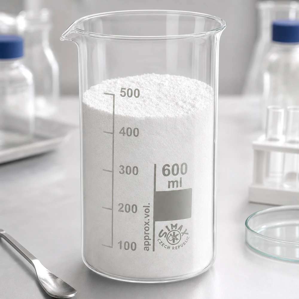 Kádinka 600 ml z borosilikátového skla, vysoký tvar Transparentes Becherglas 600ml hohe Form mit weißem Feststoff und seitlichem Ausguss im Labor
