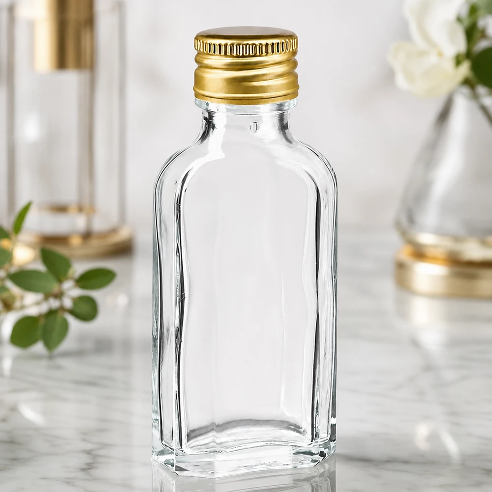50 ml Meplat čirý s hliníkovým uzávěrem zlatý PP22 Rechteckige 50ml Glasflasche Meplat transparent mit goldfarbenem Aluverschluss PP22