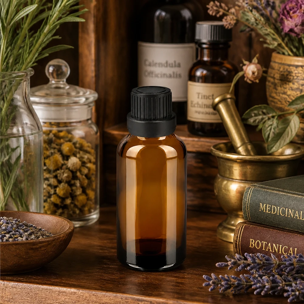 Handliche 30ml Flasche aus lichtschützendem Braunglas mit schwarzem Schraubdeckel für Kräuteröle