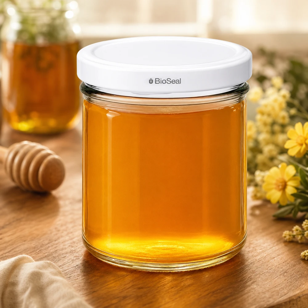 Tumbler o objemu 167 ml s bílým víčkem BioSeal UNiTWIST UNiTWIST Einmachglas 167ml mit Honig gefüllt Holztisch Honigglas Konservierung natürliche Lebensmittel
