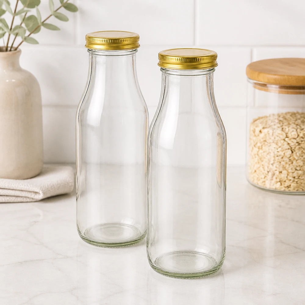 Láhev o objemu 263 ml se zlatým víčkem UNiTWIST BioSeal. Zwei UNiTWIST Bottle263 Glasflaschen mit goldenen TO43 BioSeal Deckeln in moderner Küche neben Haferflocken-Vorratsglas
