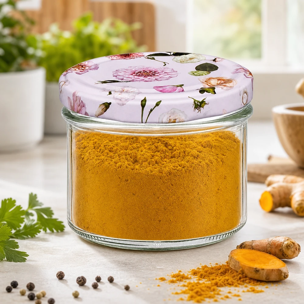 225ml kelímky + víčko BasicSeal flower pink UNiTWIST Sturzglas 225ml mit Kurkumapulver gefüllt und floralem Deckel - Gewürzaufbewahrung in Einmachglas