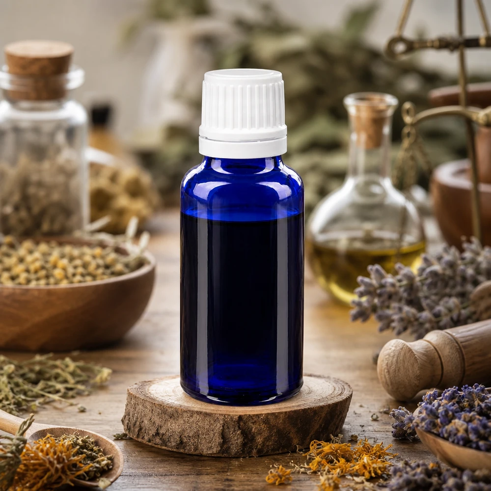 Lichtschutz-Tropfflasche 20ml Apothekerglas blau mit weißem Sicherheitsverschluss und Einsatz
