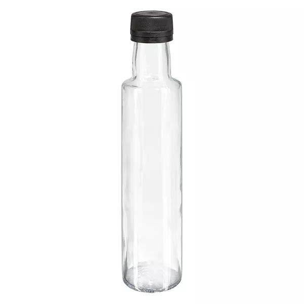 250ml šroubovací láhev kulatá křišťálově čirá s černým uzávěrem 250ml šroubovací láhev kulatá křišťálově čirá s černým uzávěrem