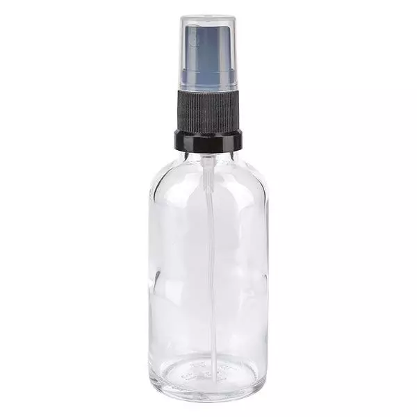 Lékárenská lahvička čirá 50ml nástavec na sprej černá Lékárenská lahvička čirá 50ml nástavec na sprej černá