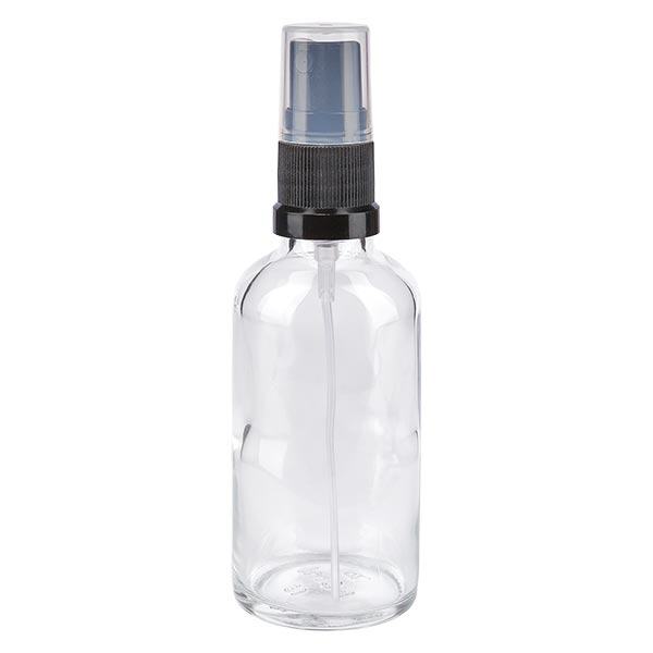 Lékárenská lahvička čirá 50ml nástavec na sprej černá Lékárenská lahvička čirá 50ml nástavec na sprej černá