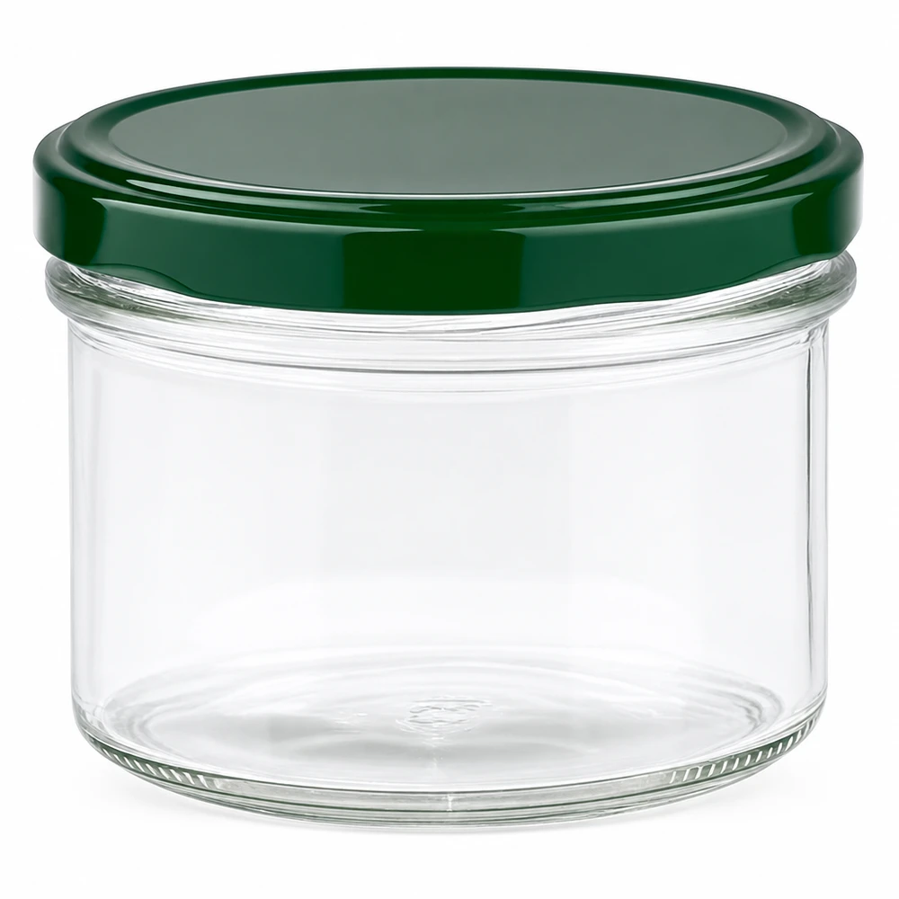 225ml tumblery + víčko BasicSeal zelené UNiTWIST s ovocem. 225ml Sturzglas mit grünem BasicSeal Deckel UNiTWIST Einmachglas transparent für Marmelade und Konserven