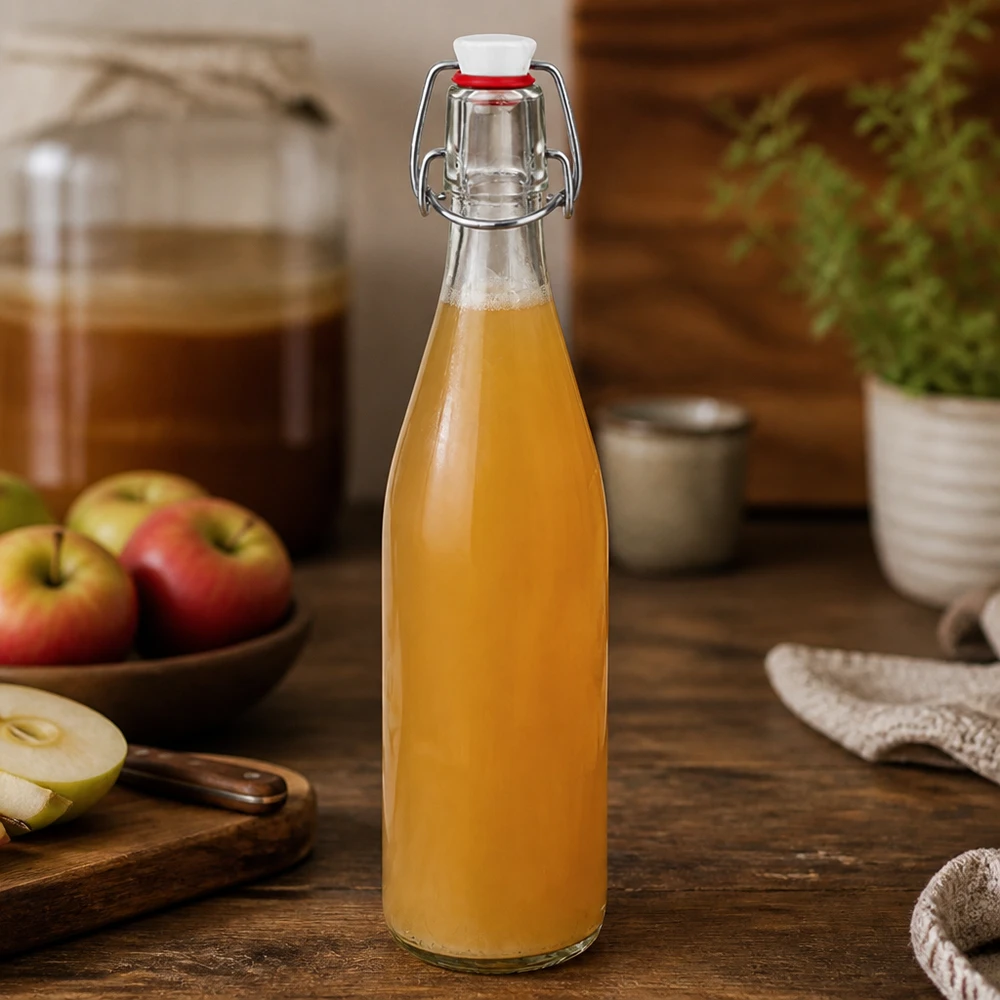 Skleněná láhev 500ml + otočný vršek z porcelánu UNiTWIST - zde. Glasflasche 500ml mit Bügelverschluss gefüllt mit Apfelsaft in rustikaler Küche neben frischen Äpfeln auf Holzbrett