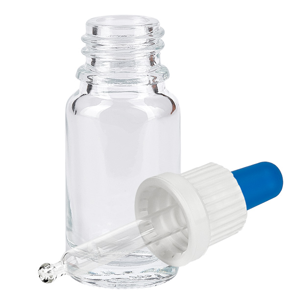 10ml pipetovací lahvička bílá/modrý uzávěr s ochranou proti manipulaci ClearLine UT18/10 10ml Laborflasche aus Klarglas mit Glaskapillare und zweifarbigem Pipettenverschluss