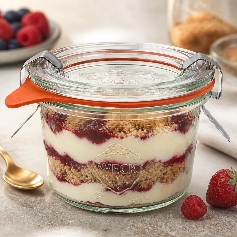 Kompletní 80ml sklenice se svěžestí WECK RR60 WECK Sturzglas 80ml RR60 mit Schichtdessert Tiramisu zeigt vielseitige Verwendung für Desserts und Portionierung