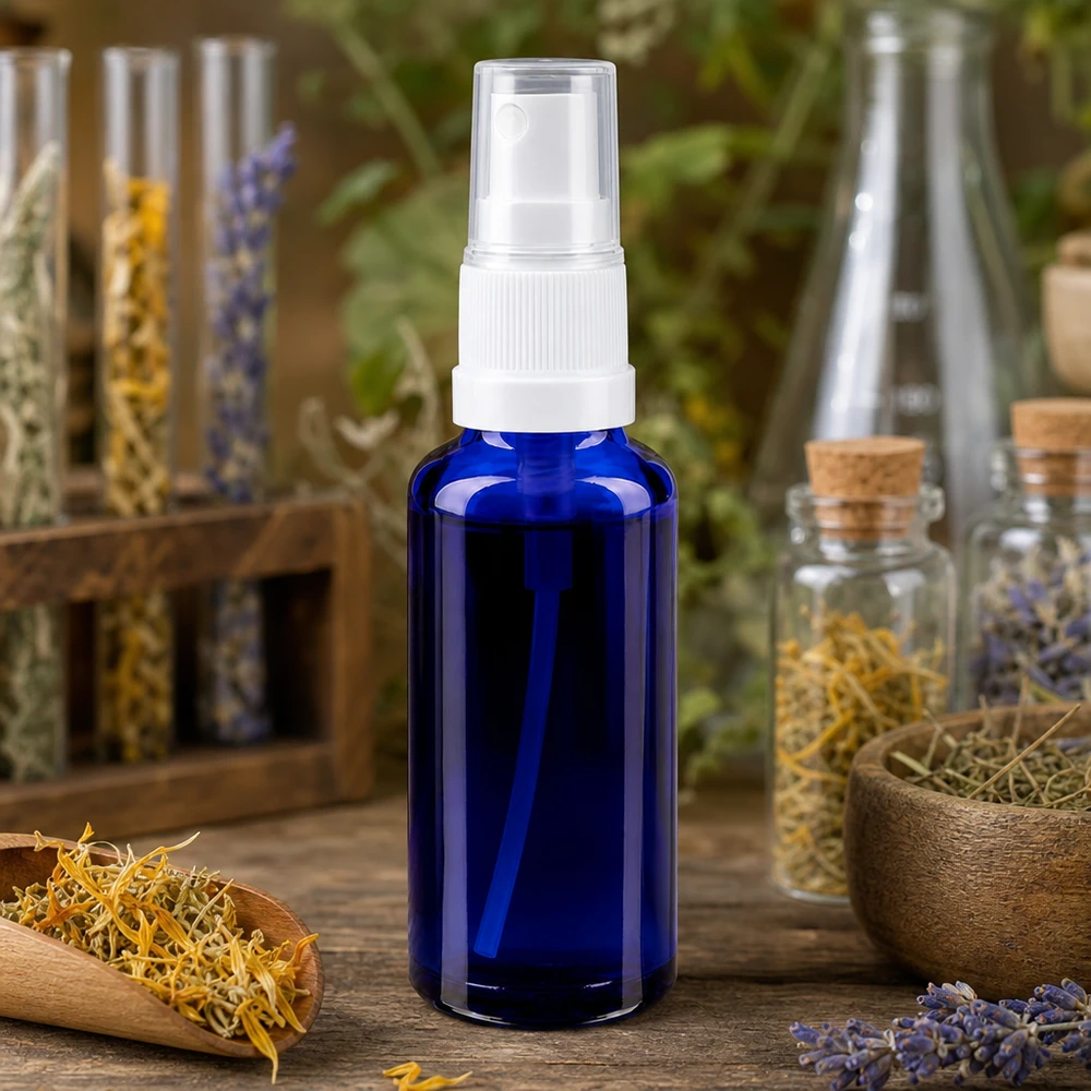 Lékárenská lahvička modrá 30ml s rozprašovačem bílá Blaue Apotheker Sprayflasche 30ml STD mit weißem Sprühkopf zwischen Heilpflanzen und Korkgläsern