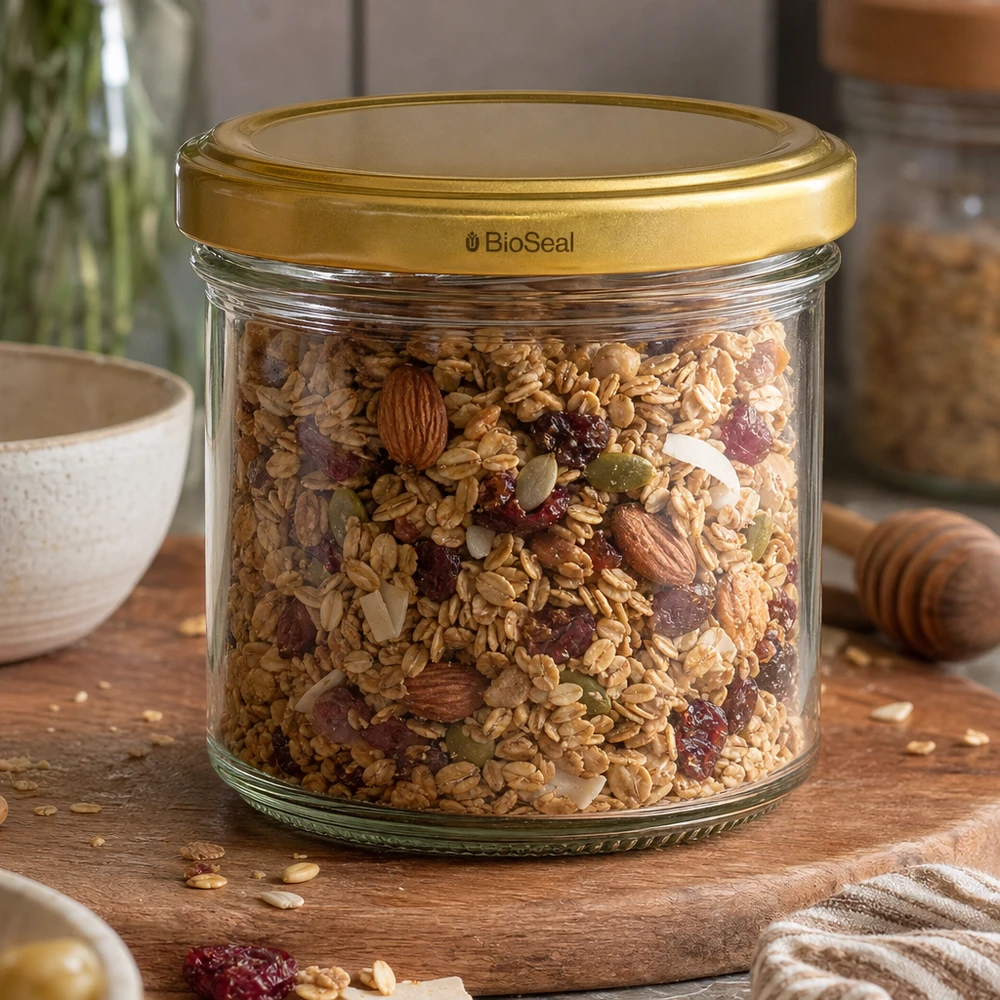 Nádoby o objemu 125 ml se zlatým víkem UNiTWIST BioSeal. UNiTWIST 125ml Vorratsglas mit Müsli und Nüssen - goldener TO66 Deckel für luftdichte Aufbewahrung von Granola