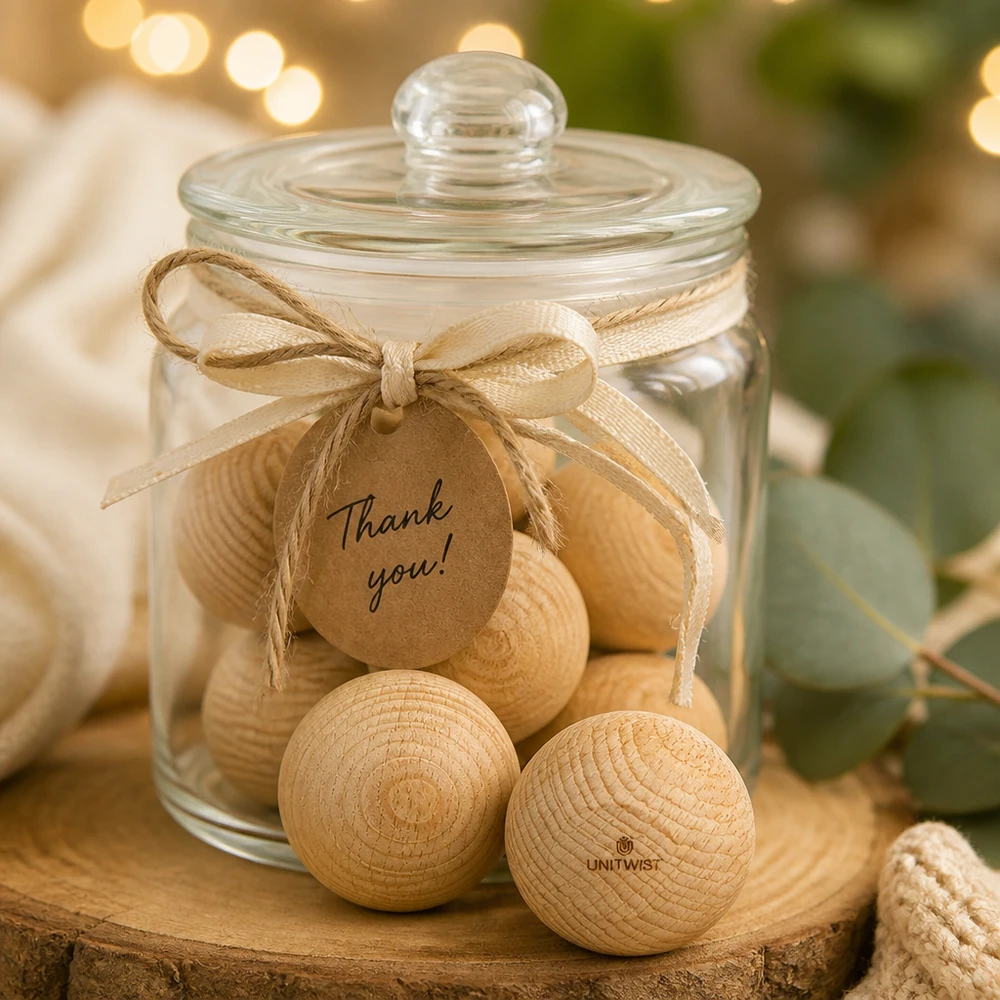 UNiTWIST dřevěná koule (buk) pro WECK RR60 UNiTWIST Holzkugeln Buche WECK RR60 im Geschenkglas mit Dankeschön-Anhänger rustikale Dekoration Holzknöpfe