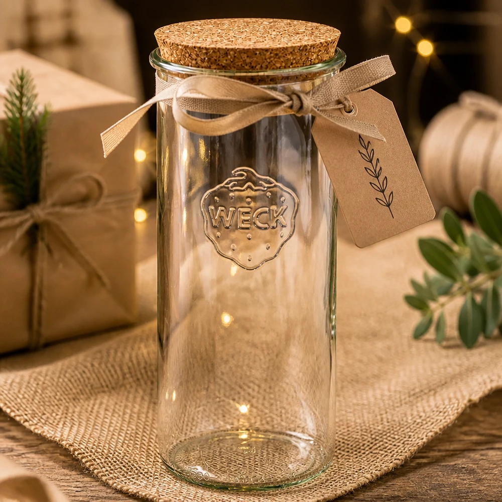 1500ml lahvičky WECK RR100 s korkovou zátkou přírodní WECK Sturzglas 1500ml RR100 leer mit Korken Geschenkverpackung braunes Band Etikett Weihnachtsdeko
