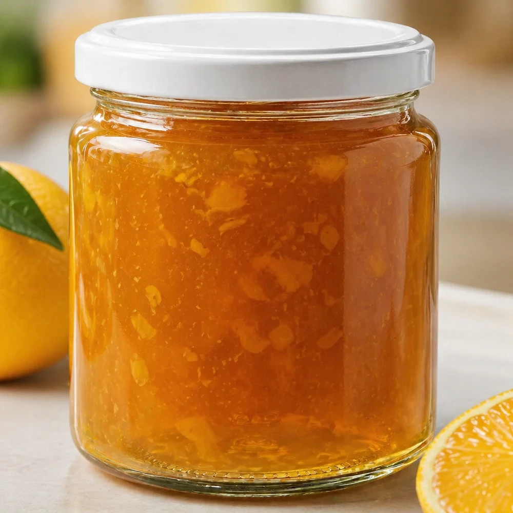 350g Honigglas + BasicSeal Deckel weiß UNiTWIST 250ml Honigglas gefüllt mit goldenem Honig und weißem UNiTWIST Deckel neben frischen Orangen auf Küchentisch