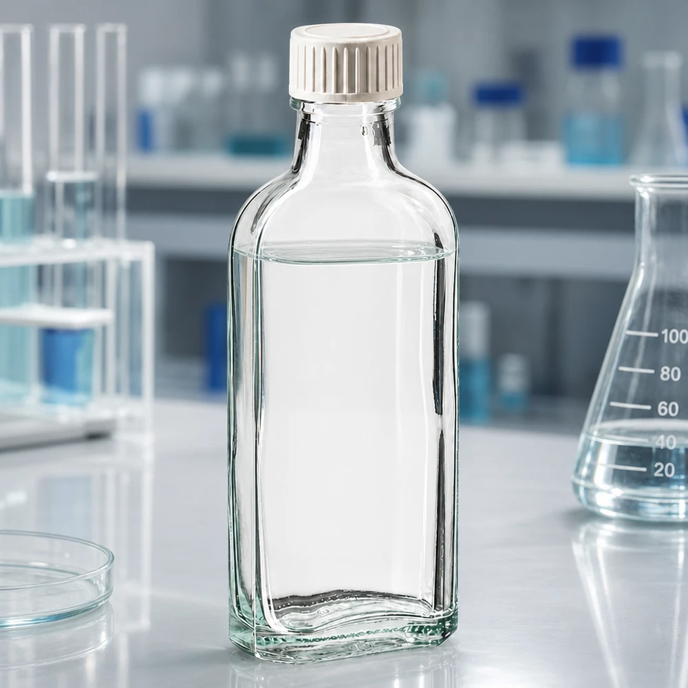 100 ml čirý šroubovací uzávěr Meplat s pěnovou vložkou PE. Transparente Meplat Flasche mit weißem Schraubdeckel und PE-Dichtung im Laborbereich