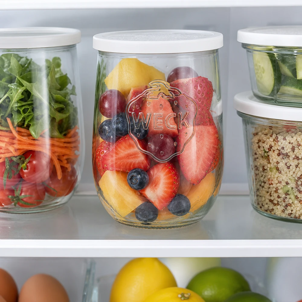 WECK Tulpenglas 1062ml RR100 im Kühlschrank mit frischen Beeren und Obststücken zur Meal Prep Aufbewahrung