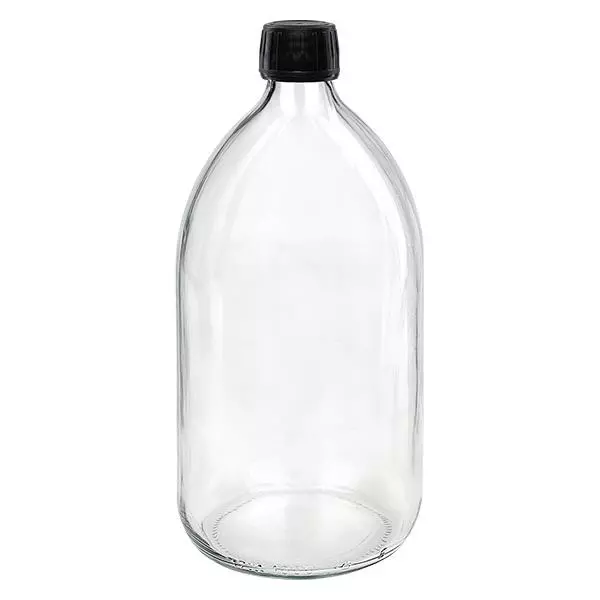 1000ml lahvička na léky čirá, černý uzávěr s kroužkem proti neoprávněné manipulaci ApoGlas