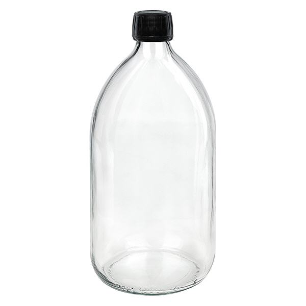 1000ml lahvička na léky čirá, černý uzávěr s kroužkem proti neoprávněné manipulaci ApoGlas 1000ml lahvička na léky čirá, černý uzávěr s kroužkem proti neoprávněné manipulaci ApoGlas