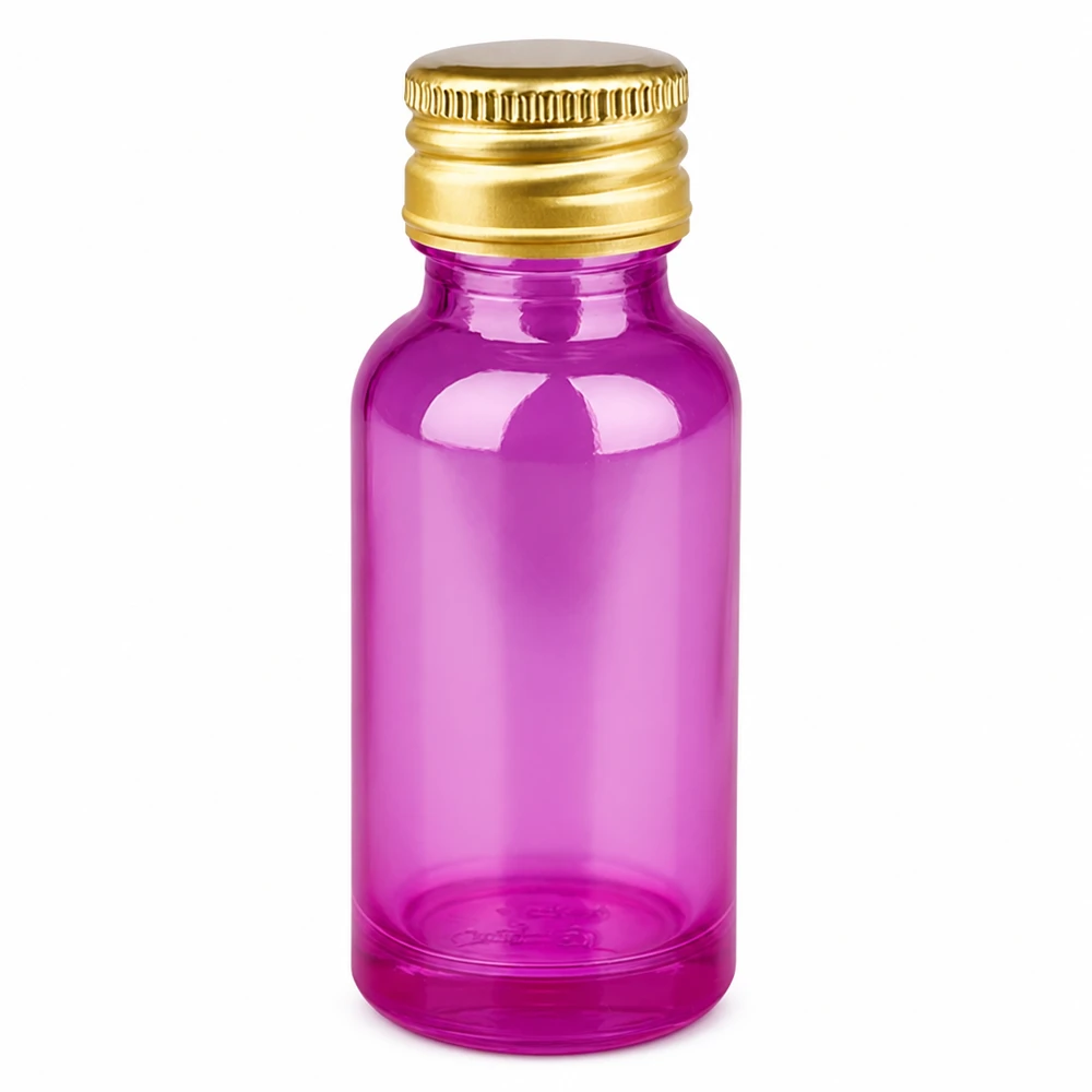 20ml lahvička PurpleLine se šroubovacím uzávěrem 11 mm hliníková zlatá standardní. UT18/20 20ml Violettglas Flasche mit Aluminiumdeckel gold für Aromatherapie und Kosmetik
