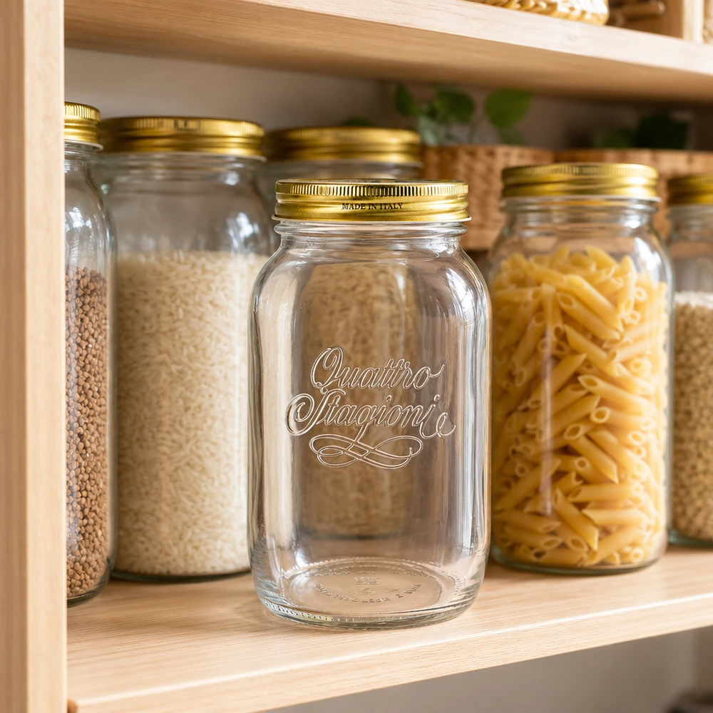 1500ml kulatá sklenice "Quattro Stagioni" s víčkem Quattro Stagioni 1500ml Rundglas leer in Vorratsregal mit Pasta Reis Linsen gefüllte Einmachgläser Küchensystem