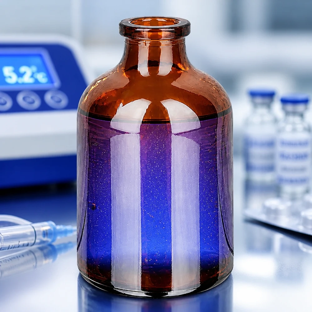 Injekční lahvička z jantarového skla 50ml Injektionsflasche Braunglas 50ml mit violett schimmerndem Inhalt und Temperaturgerät im Hintergrund