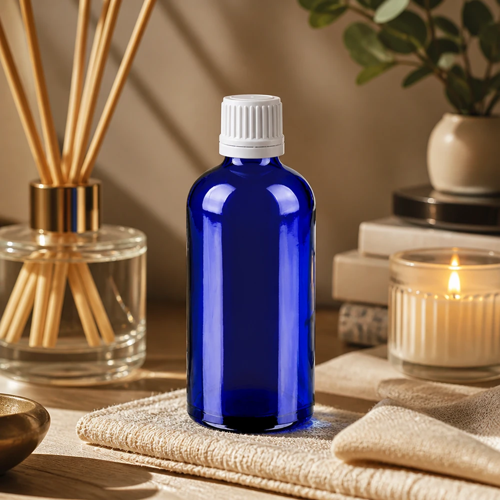 100ml láhev 11mm šroubovací uzávěr bílý tamper evidentní uzávěr BlueLine UT18/100 Professionelle 100ml Violettglasflasche mit weißem Schraubverschluss für Aromatherapie