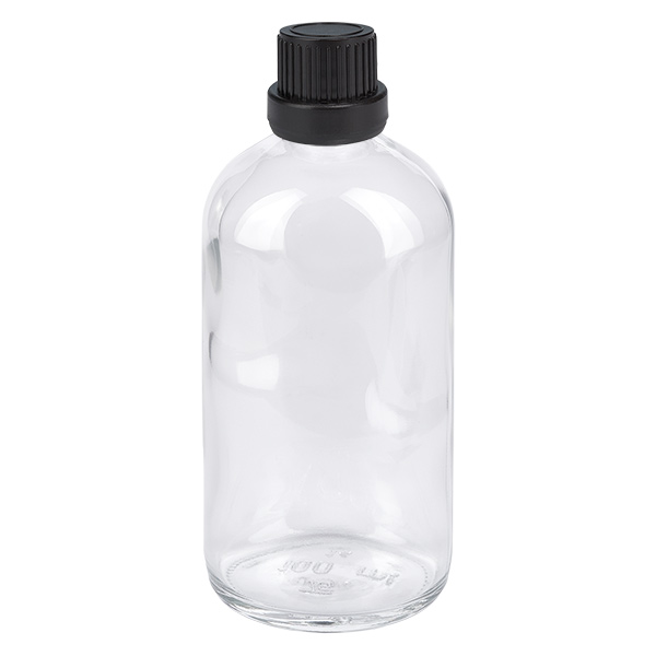 100ml lahvička s kapátkem 2mm černá tamper-evidentní uzávěr ClearLine UT18/100 Pharmazeutische Klarglas Tropfflasche 100ml schwarzer OV-Verschluss 2mm Einsatz ClearLine