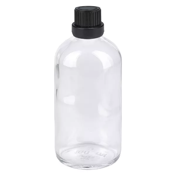 100ml lahvička s kapátkem 2mm černá tamper-evidentní uzávěr ClearLine UT18/100 Pharmazeutische Klarglas Tropfflasche 100ml schwarzer OV-Verschluss 2mm Einsatz ClearLine