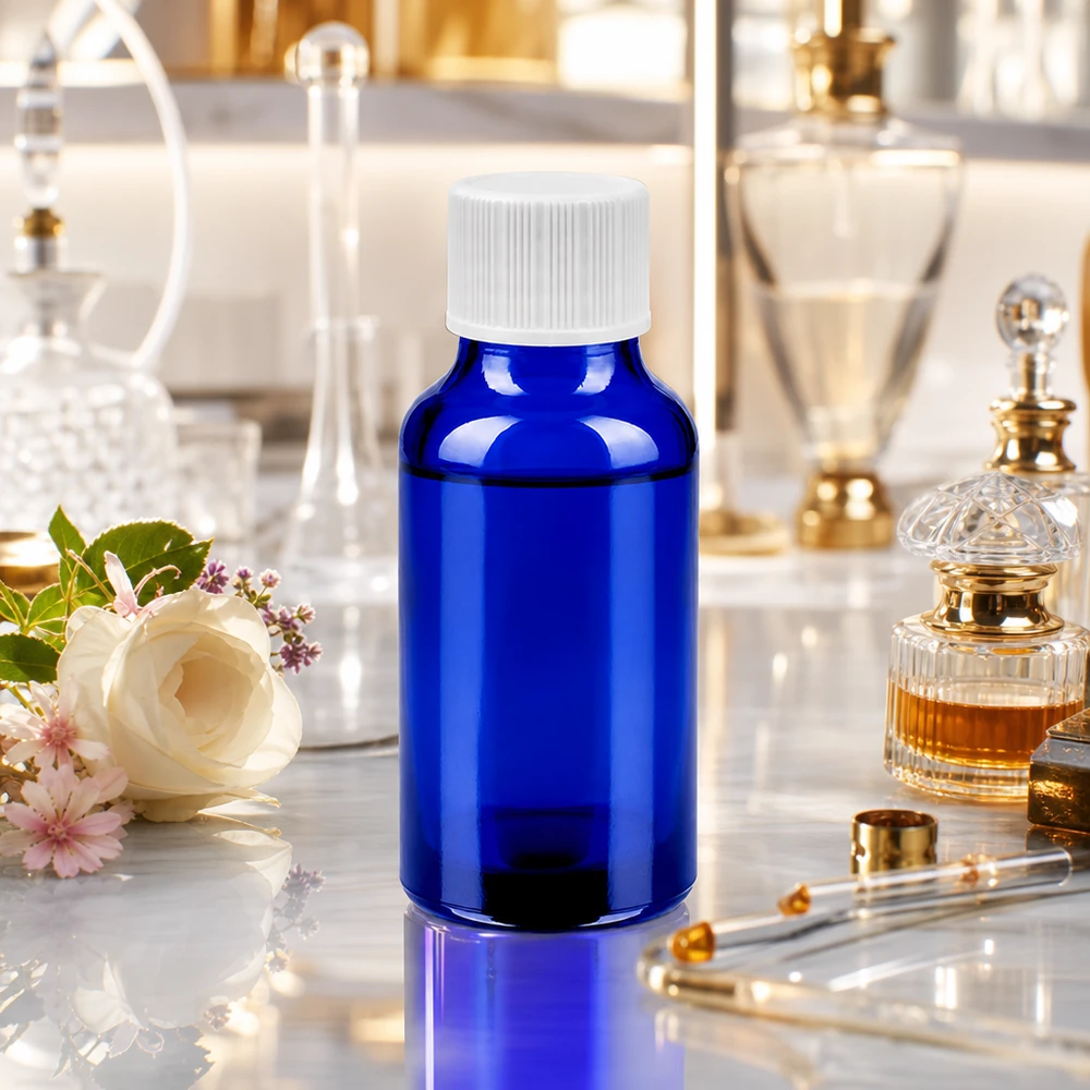 Premium 20ml Flasche in Kobaltblau mit weißem SV Verschluss für pharmazeutische Produkte