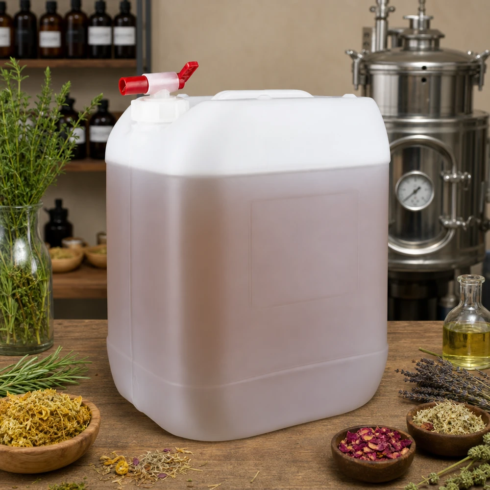Kanystr o objemu 20 litrů s vypouštěcím kohoutem Quaderförmiger 20 Liter Lagerbehälter mit seitlichem Ablasshahn in der Aromatherapie-Produktion