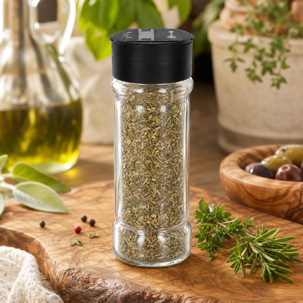 Dóza na sůl/koření 100ml s dvojitým šejkrem černá Zylindrisches Klarglas 100ml mit Kräutermischung und schwarzem Flip-Deckel in mediterranem Ambiente