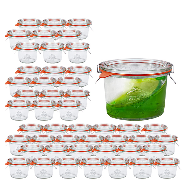 Sada 48 kelímků Weck 80ml se 48 skleněnými víčky. Sada 48 kelímků Weck 80ml se 48 skleněnými víčky.