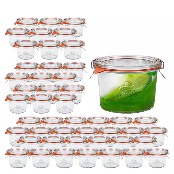Sada 48 kelímků Weck 80ml se 48 skleněnými víčky. Sada 48 kelímků Weck 80ml se 48 skleněnými víčky.