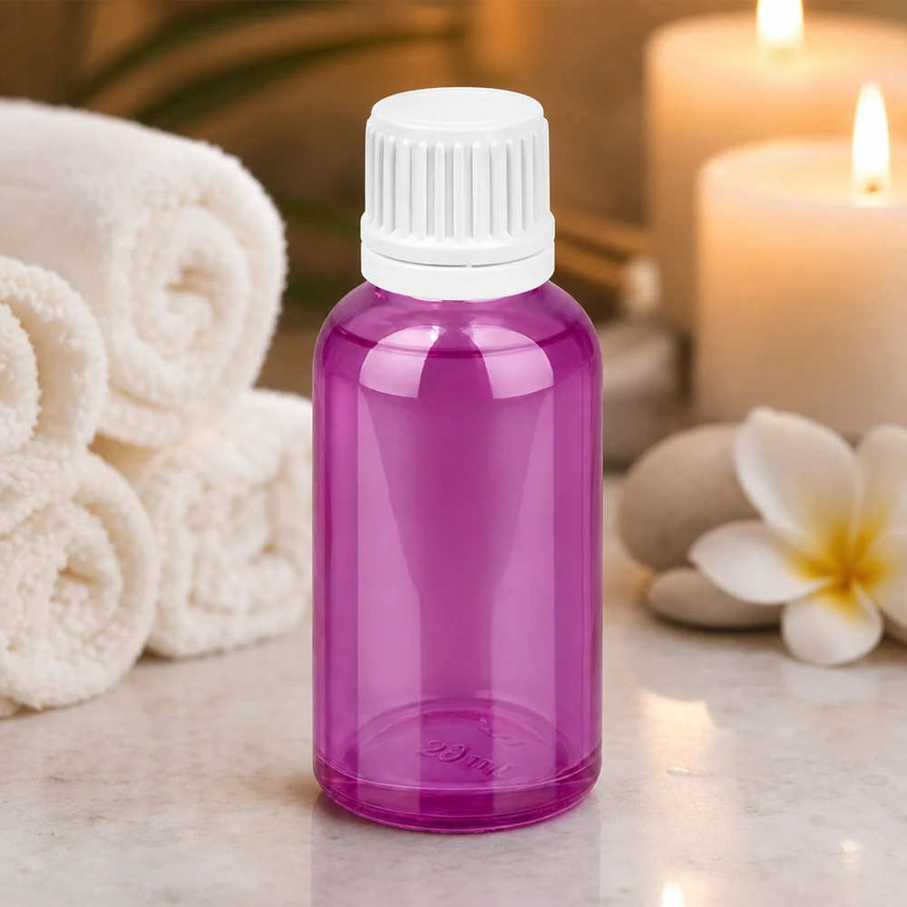 30ml láhev s 11mm šroubovacím uzávěrem bílá Originality šroubovací uzávěr PurpleLine UT18/30 30ml Flasche in stilvollem Violett mit weißem Schraubdeckel für Massage und Entspannungsöle