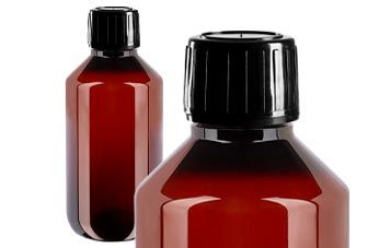 Hnědé PET lahvičky na léky s černým rozstřikovým uzávěrem