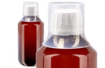 Hnědé PET lahvičky na léky s bílým uzávěrem + odměrný kelímek