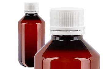 Hnědé PET lahvičky na léky s bílým uzávěrem